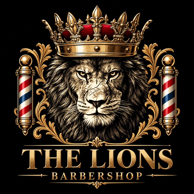 Logotipo de The Lion's Barbershop: león con corona entre dos postes de barbero